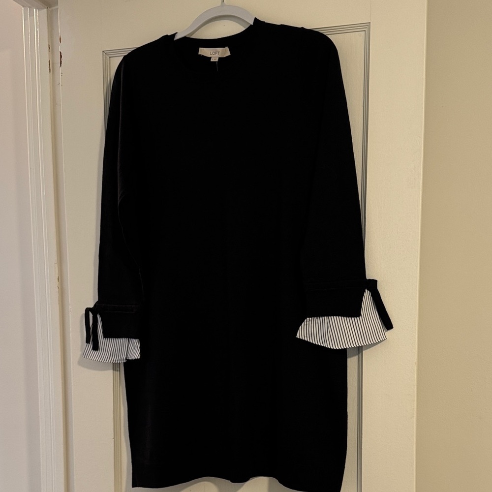 LOFT Black Sweater Dress with Striped Cuffs